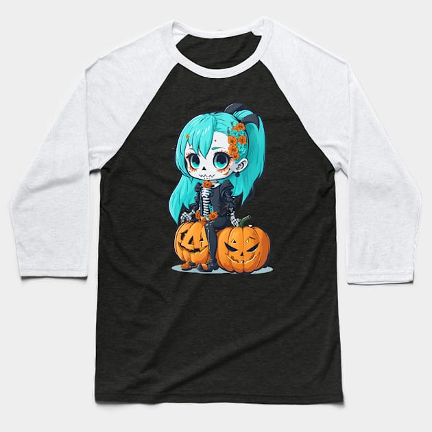 Halloween Skeleton Kawaii Girl Baseball T-Shirt by CatCoconut-Art